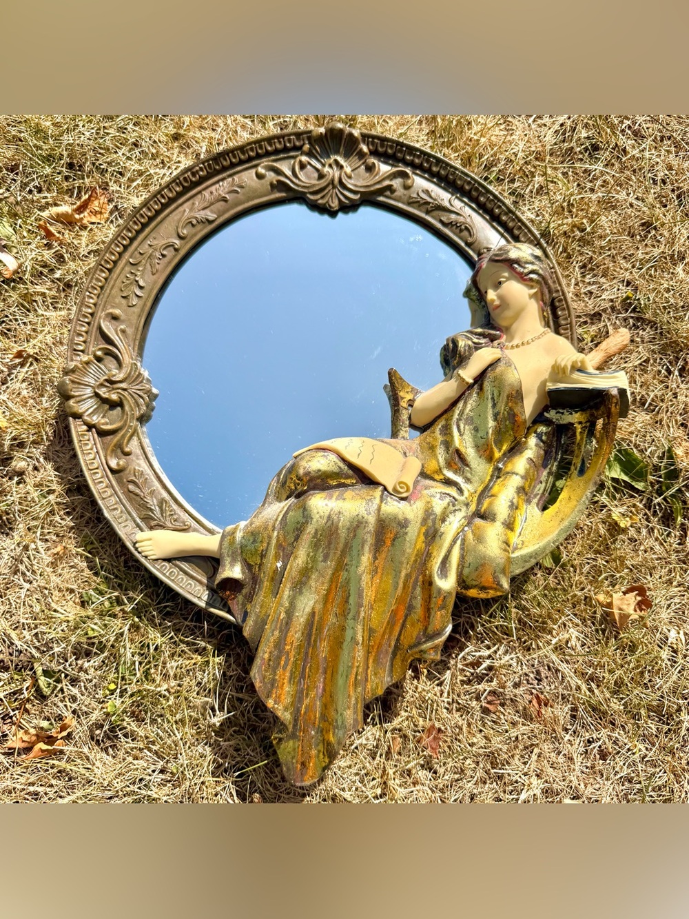 ART NOUVEAU Style MIRROR Resin LADY BY THE LAKE Round Gold Regency 11” Vintage